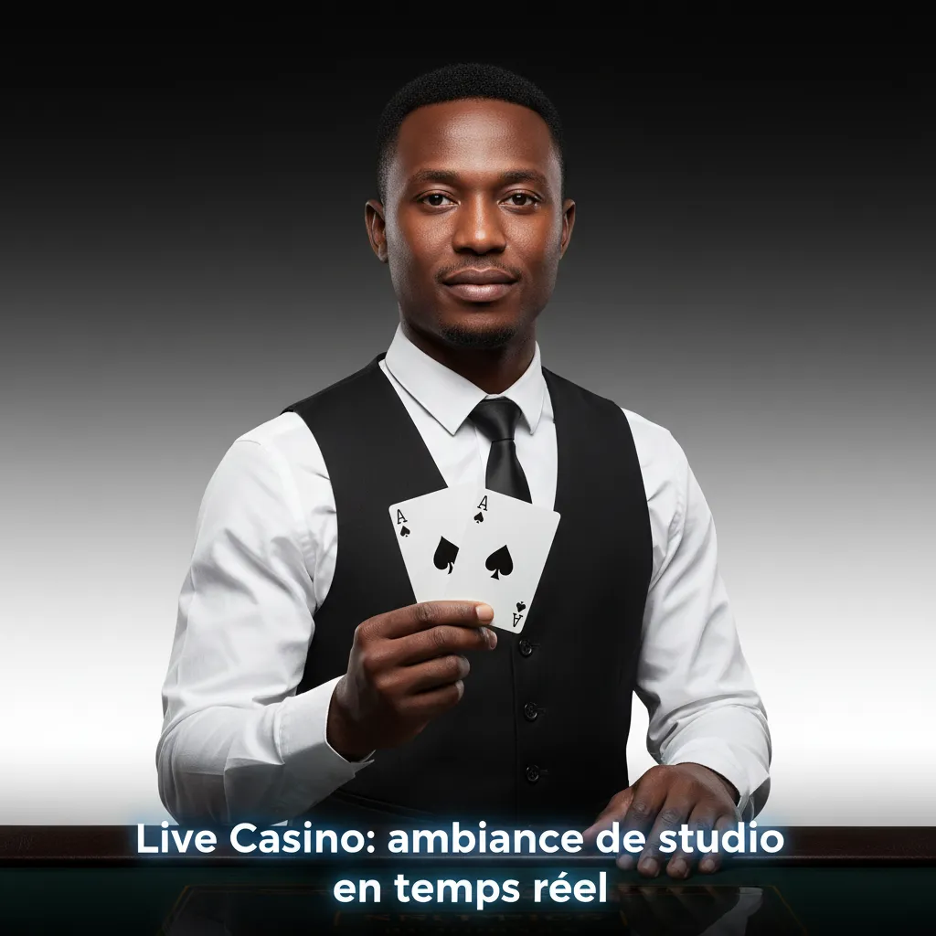 Studio de casino en direct avec croupier, chat en ligne et tables de roulette, blackjack, baccarat, poker et game shows.